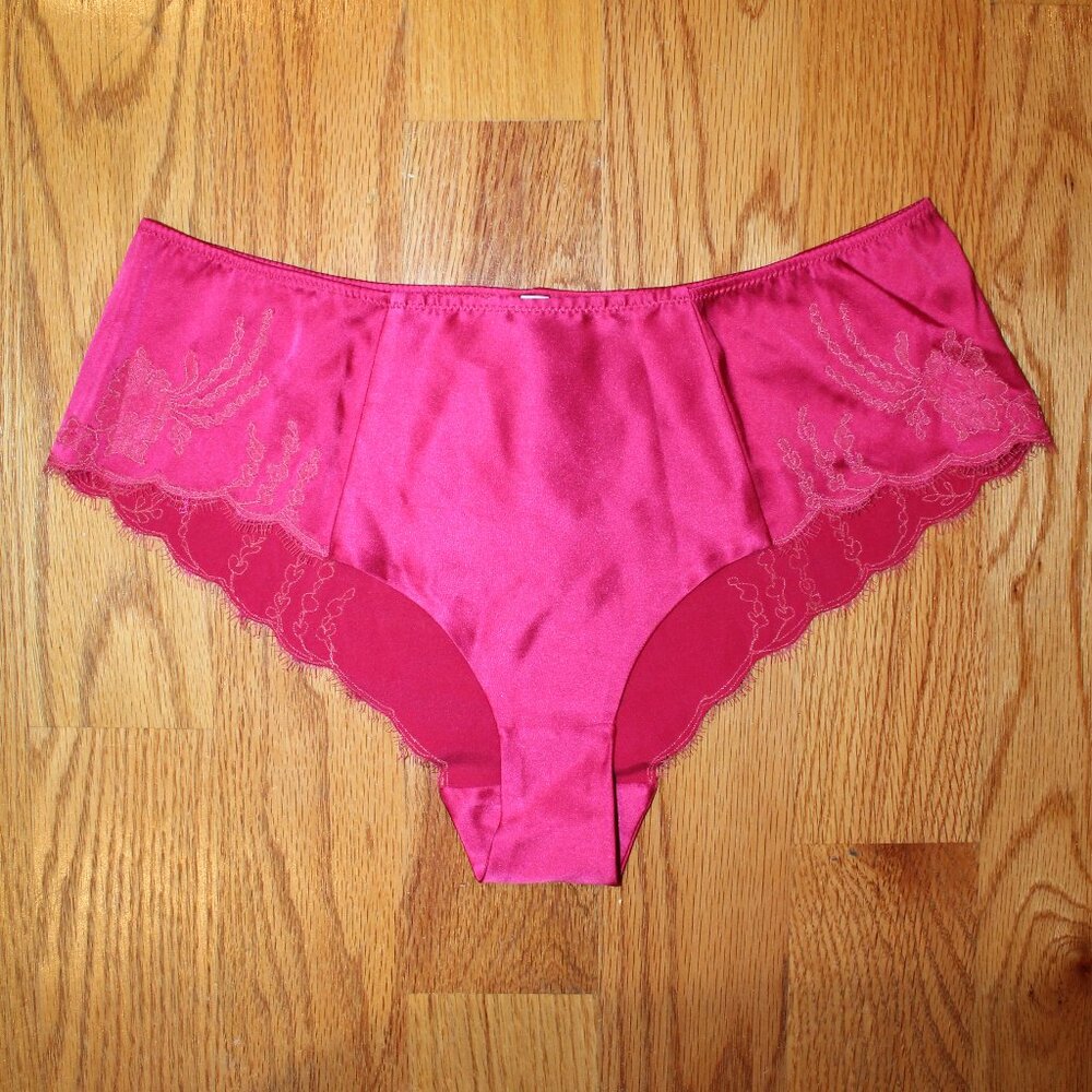 Carine Gilson panty Medium hot pink Chantilly lace trim stretch silk satin NWOT